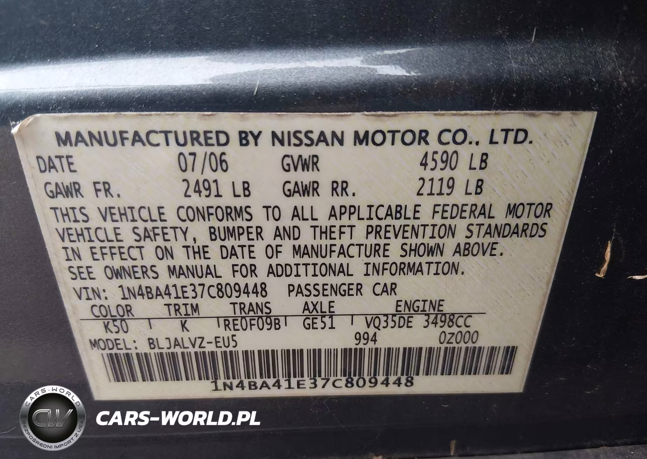 2007 Nissan Maxima 3.5 Se VIN:1N4BA41E37C809448 - 9
