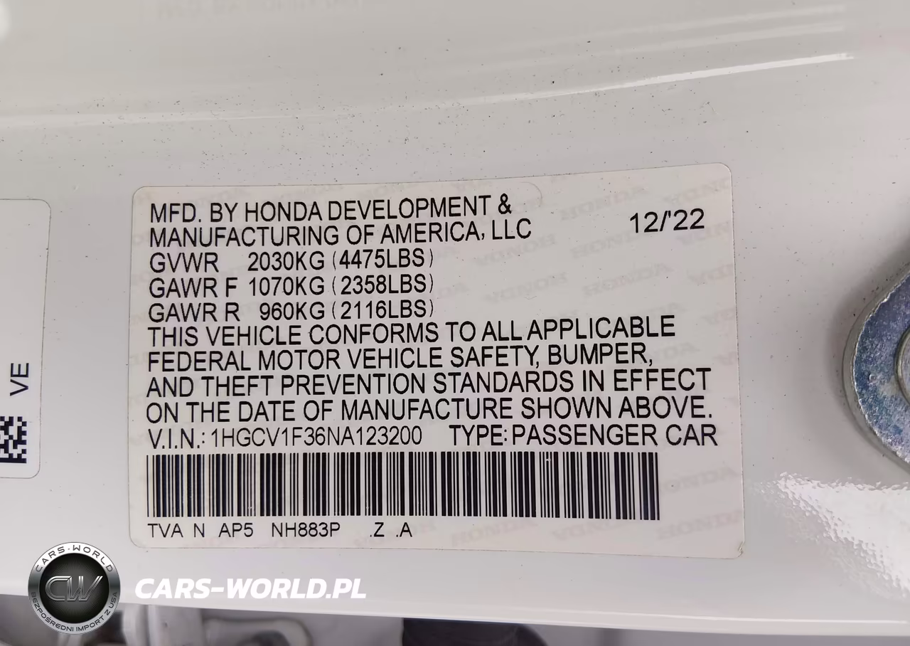 2022 Honda Accord Sport VIN:1HGCV1F36NA123200 - 9