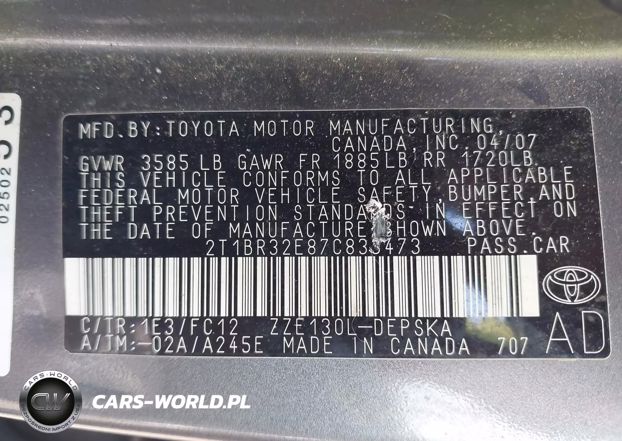 2007 Toyota Corolla S VIN:2T1BR32E87C833473 - 9