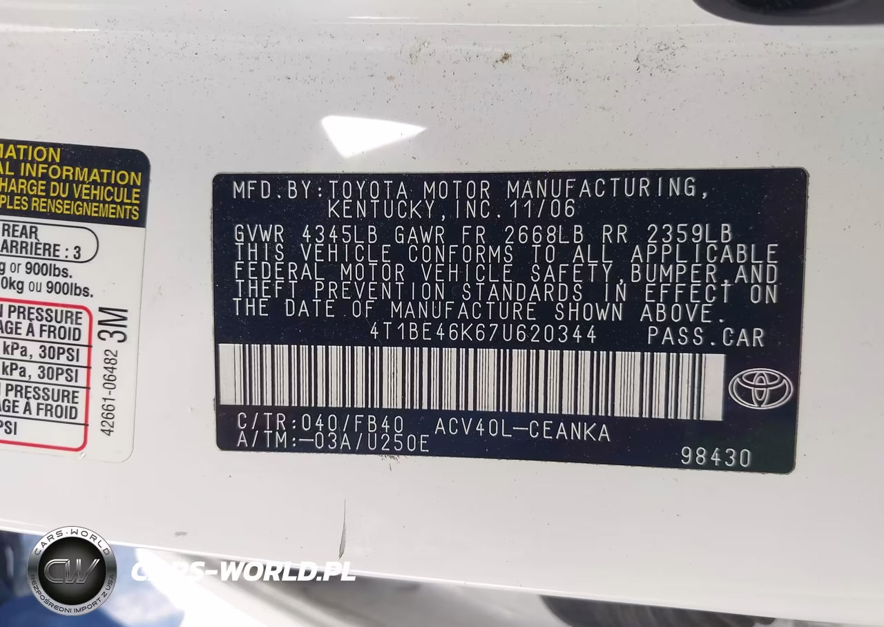 2007 Toyota Camry Le VIN:4T1BE46K67U620344 - 9