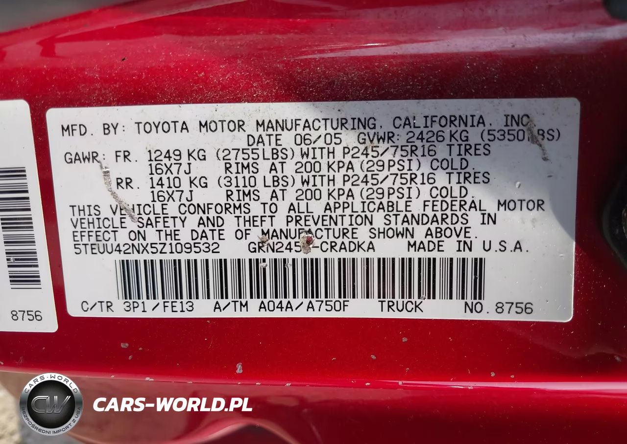 2005 Toyota Tacoma Base V6 VIN:5TEUU42NX5Z109532 - 9