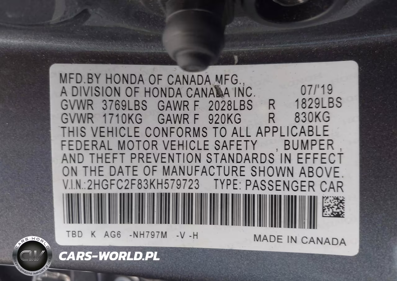 2019 Honda Civic Sport VIN:2HGFC2F83KH579723 - 9