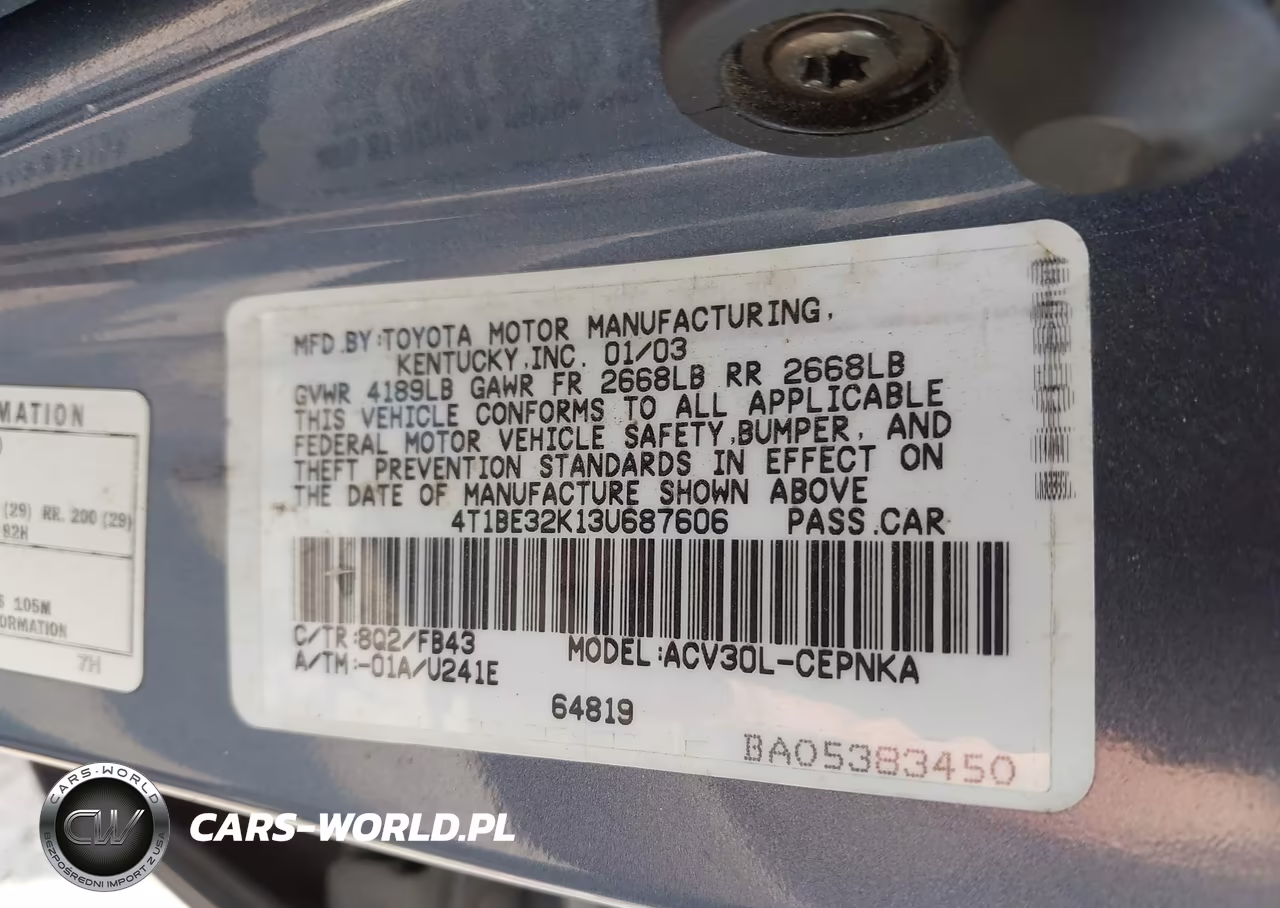 2003 Toyota Camry Le VIN:4T1BE32K13U687606 - 9