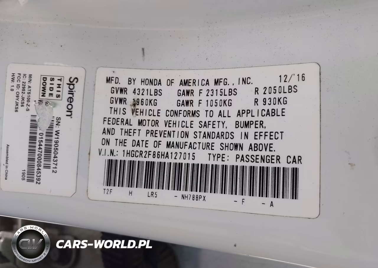 2017 Honda Accord Ex-L VIN:1HGCR2F86HA127015 - 9