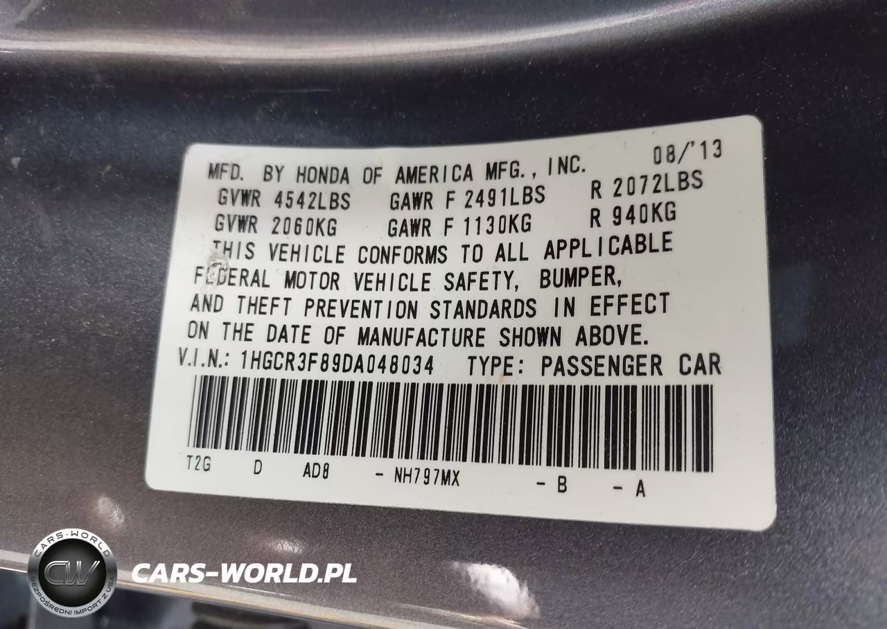 2013 Honda Accord Ex-L V-6 VIN:1HGCR3F89DA048034 - 9