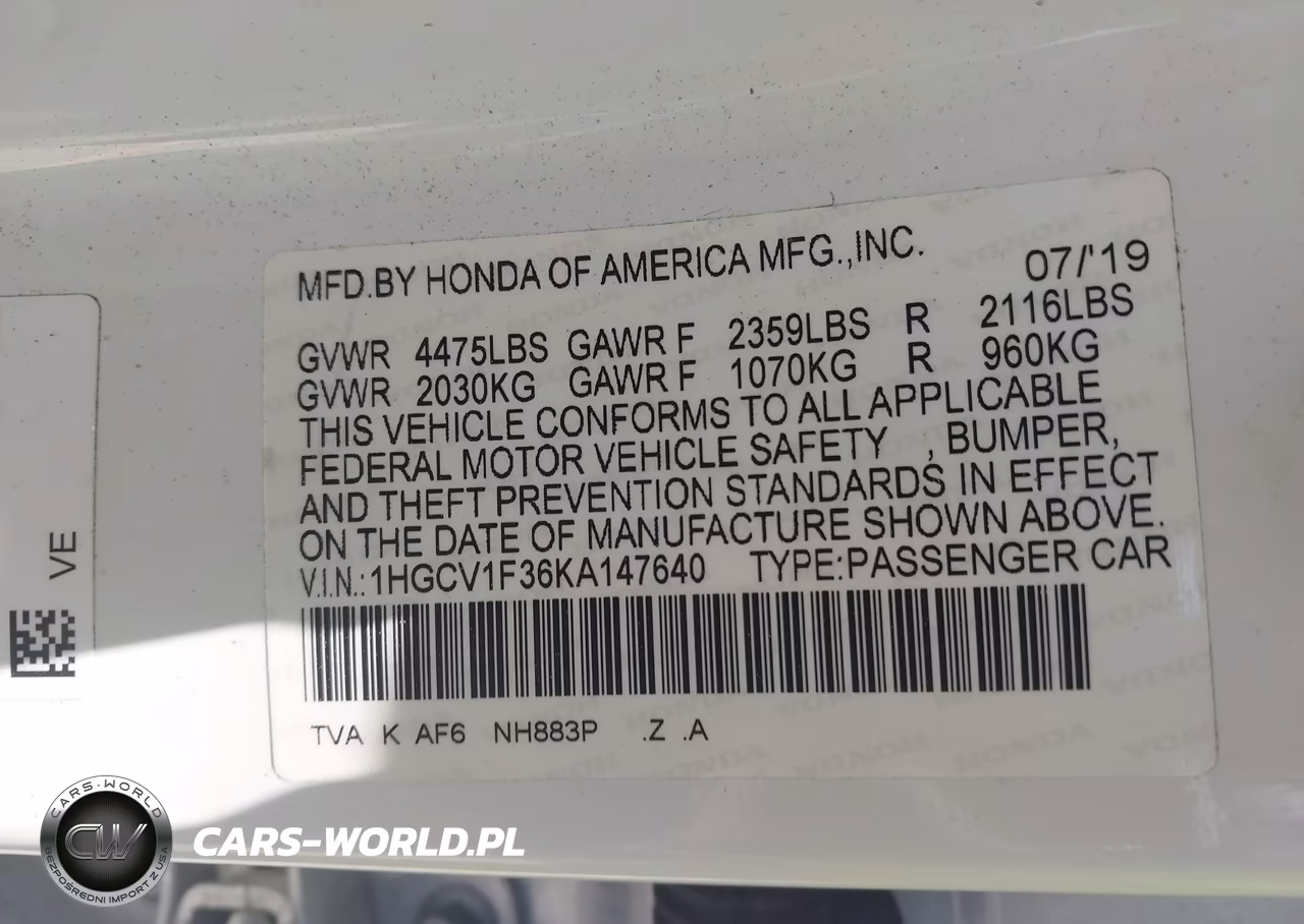 2019 Honda Accord Sport VIN:1HGCV1F36KA147640 - 9