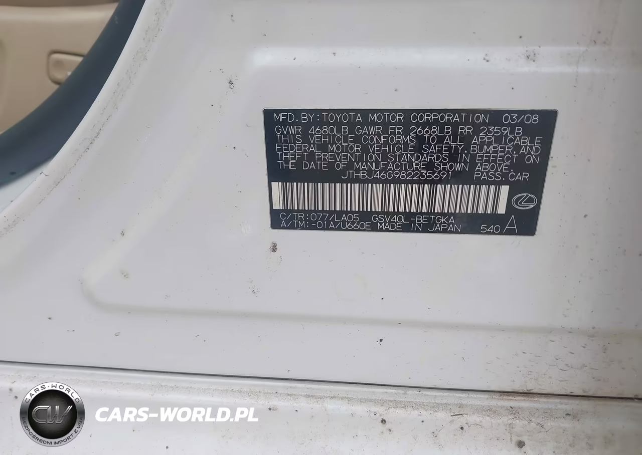 2008 Lexus Es 350 VIN:JTHBJ46G982235691 - 9