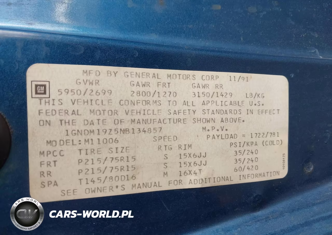 1992 Chevrolet Astro VIN:1GNDM19Z5NB134857 - 9