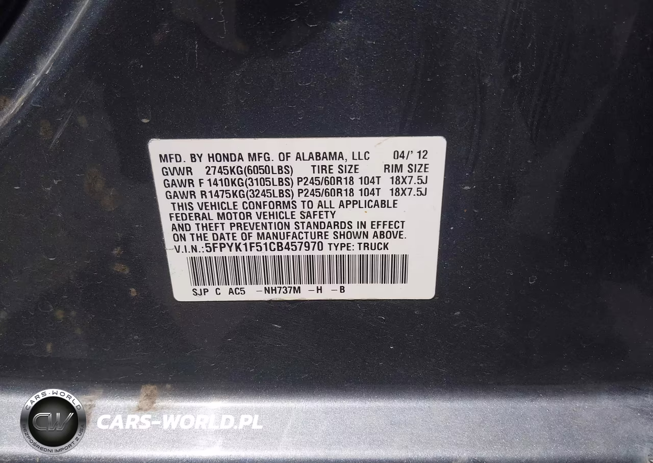 2012 Honda Ridgeline Rtl VIN:5FPYK1F51CB457970 - 9