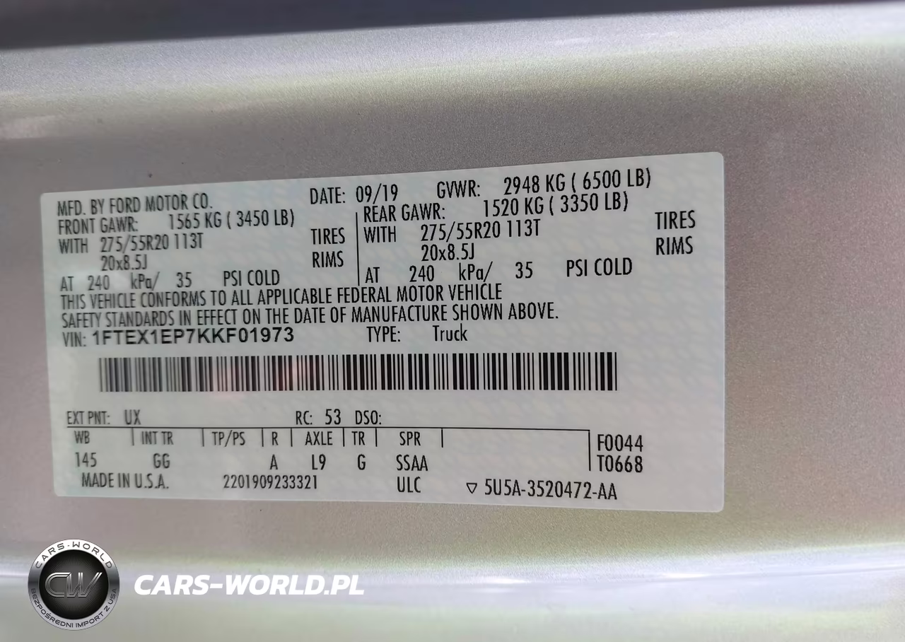 2019 Ford F-150 Xl VIN:1FTEX1EP7KKF01973 - 9
