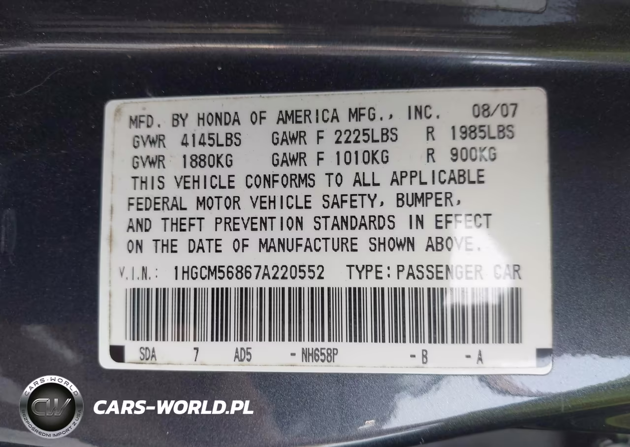 2007 Honda Accord 2.4 Ex VIN:1HGCM56867A220552 - 9