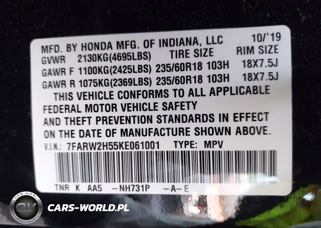 2019 Honda Cr-V Ex VIN:7FARW2H55KE061001 - 9