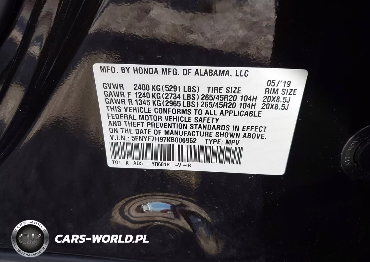 2019 Honda Passport Touring VIN:5FNYF7H97KB006962 - 9