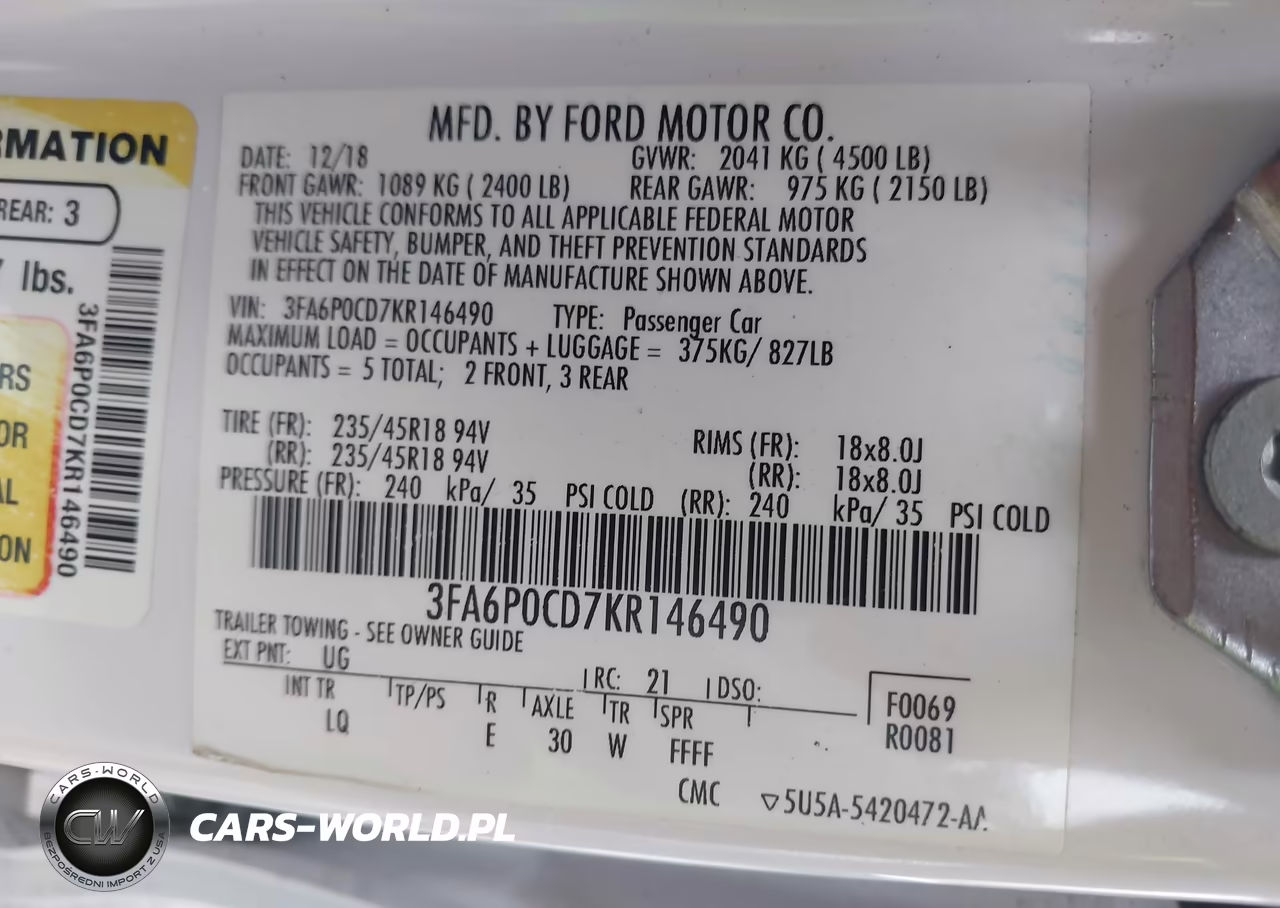 2019 Ford Fusion Sel VIN:3FA6P0CD7KR146490 - 9