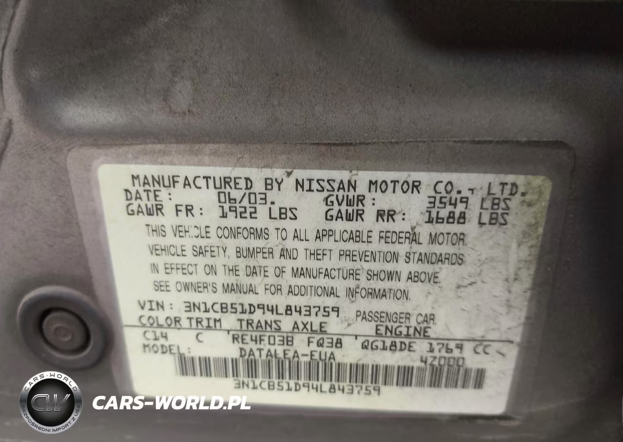 2004 Nissan Sentra 1.8S VIN:3N1CB51D94L843759 - 9