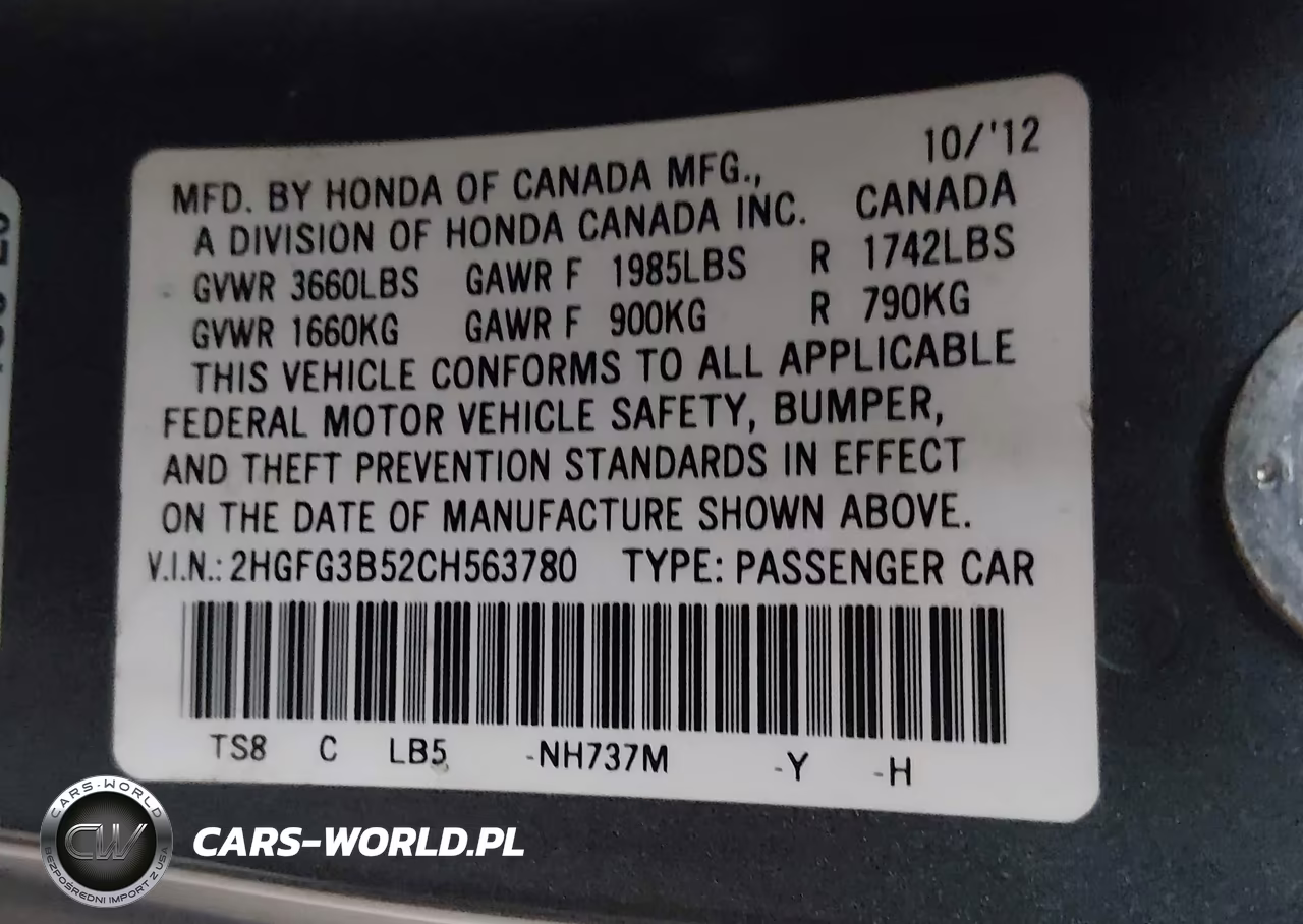 2012 Honda Civic Lx VIN:2HGFG3B52CH563780 - 9