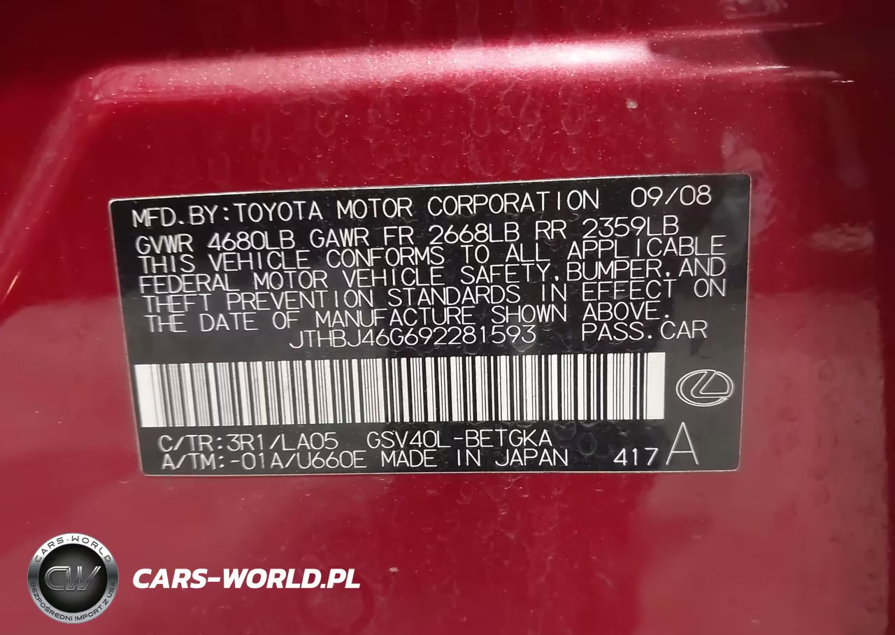 2009 Lexus Es 350 VIN:JTHBJ46G692281593 - 9