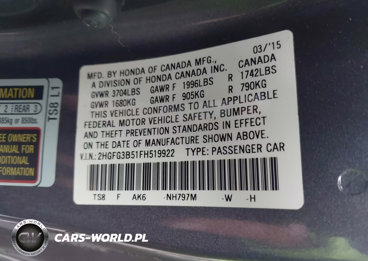 2015 Honda Civic Lx VIN:2HGFG3B51FH519922 - 9