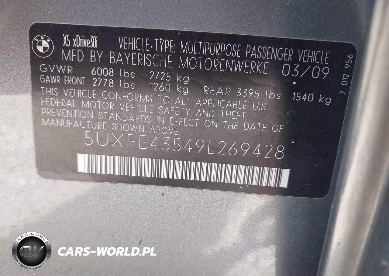 2009 BMW X5 xDrive30I VIN:5UXFE43549L269428 - 9