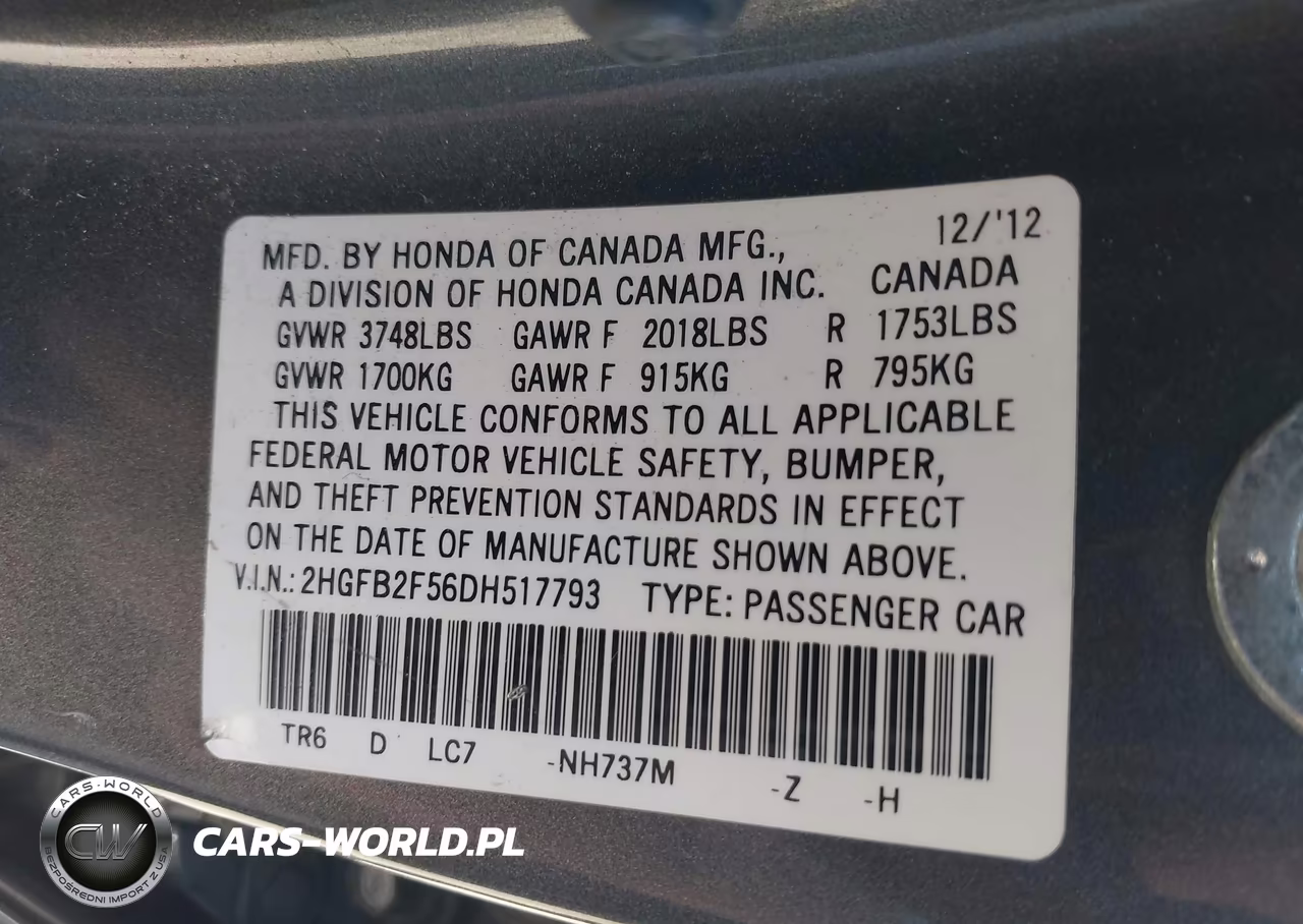 2013 Honda Civic Lx VIN:2HGFB2F56DH517793 - 9