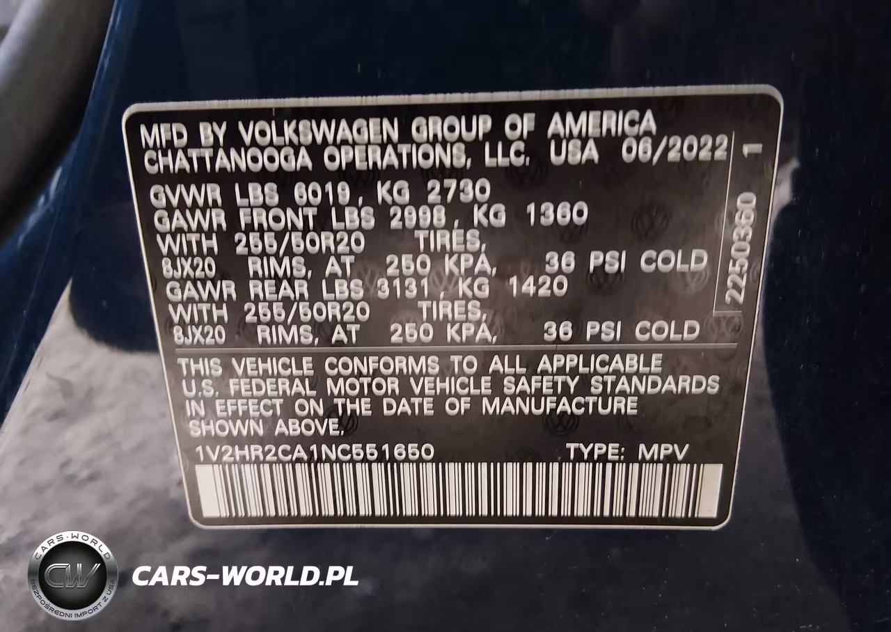 2022 Volkswagen Atlas 3.6L V6 Se W-Technology VIN:1V2HR2CA1NC551650 - 9