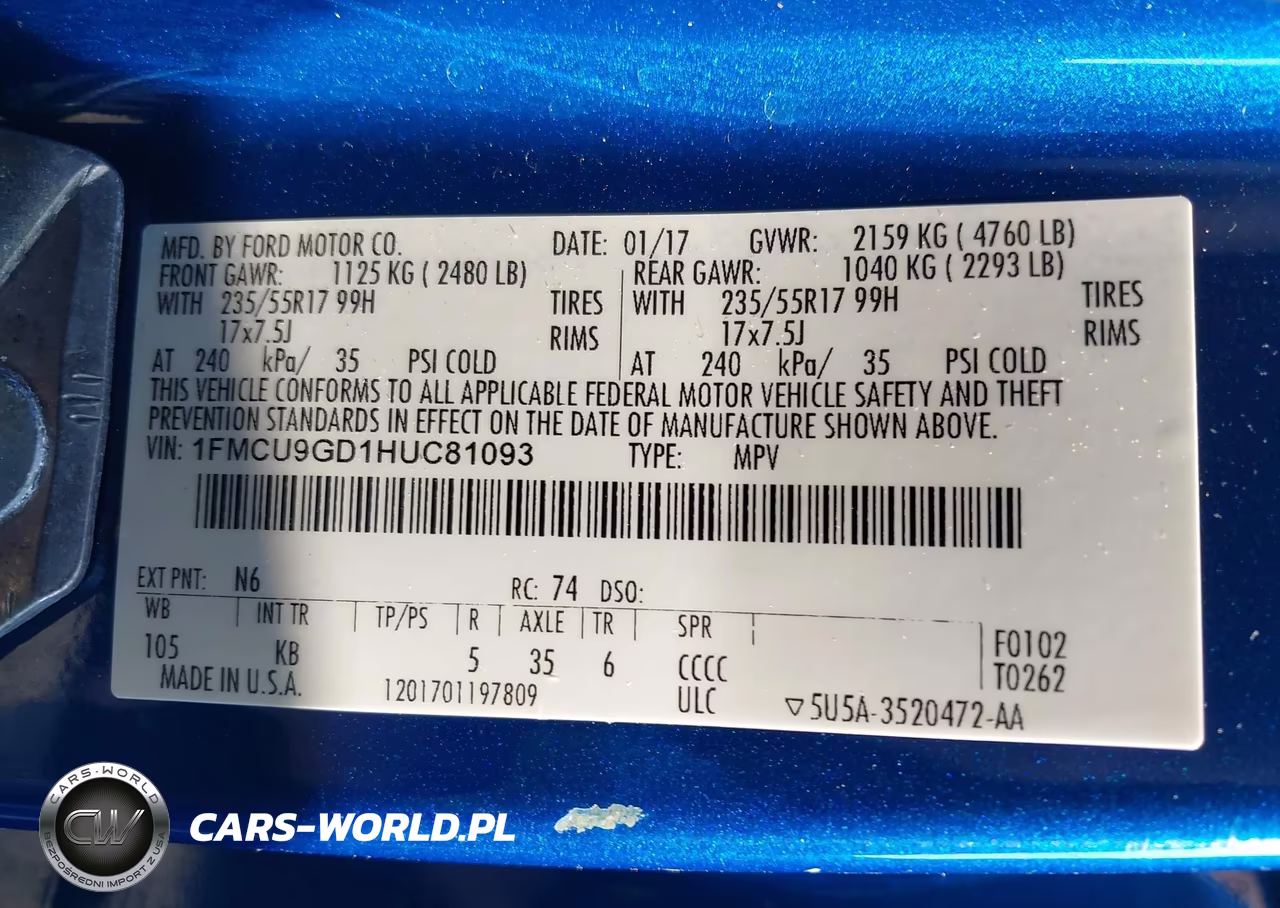 FORD ESCAPE SE VIN:1FMCU9GD1HUC81093 - 9