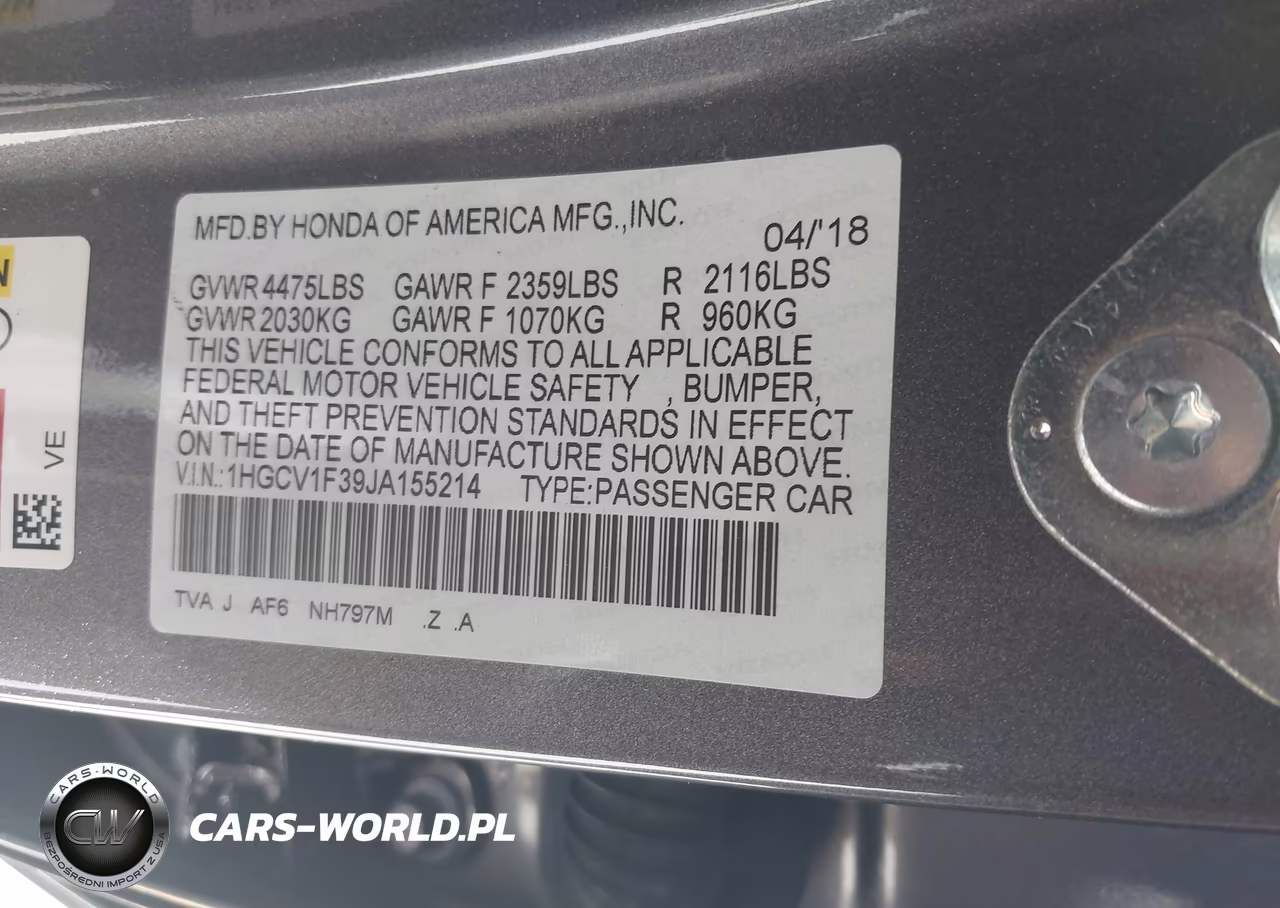 2018 Honda Accord Sport VIN:1HGCV1F39JA155214 - 9
