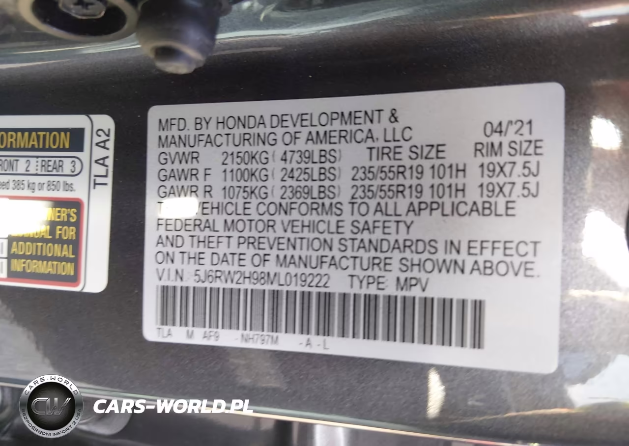 2021 Honda Cr-V Awd Touring VIN:5J6RW2H98ML019222 - 9