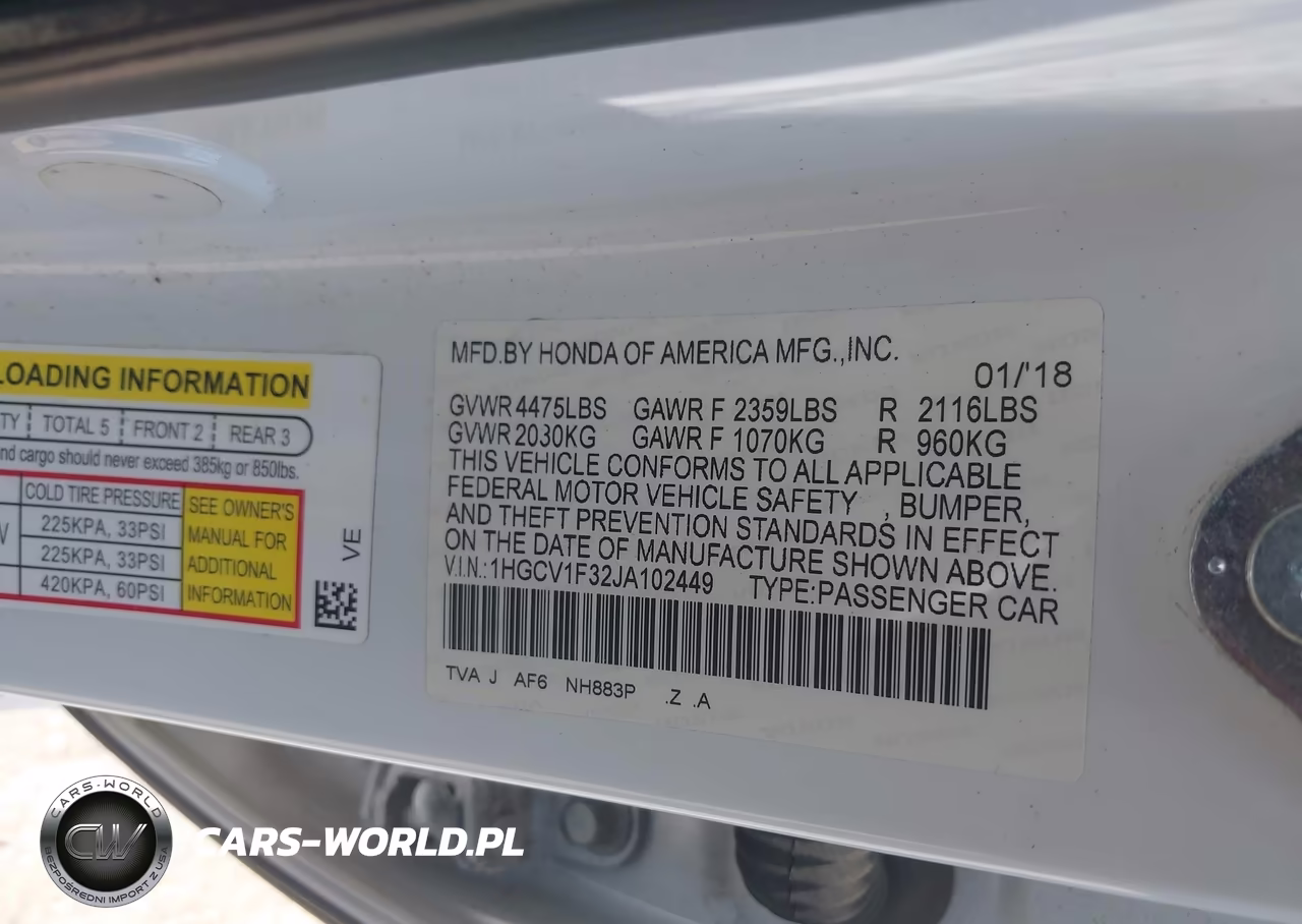 2018 Honda Accord Sport VIN:1HGCV1F32JA102449 - 9