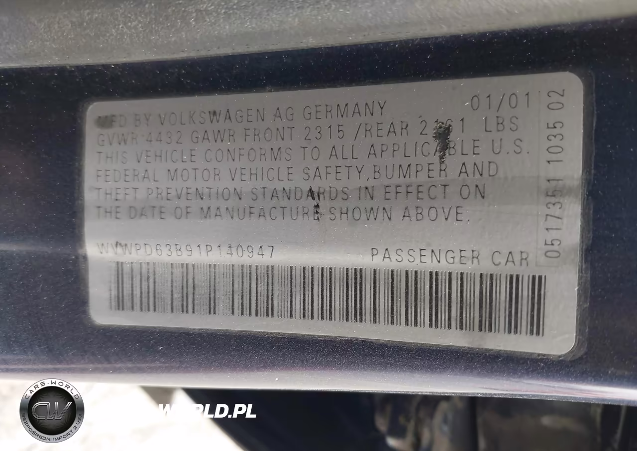 2001 Volkswagen Passat Gls VIN:WVWPD63B91P140947 - 9