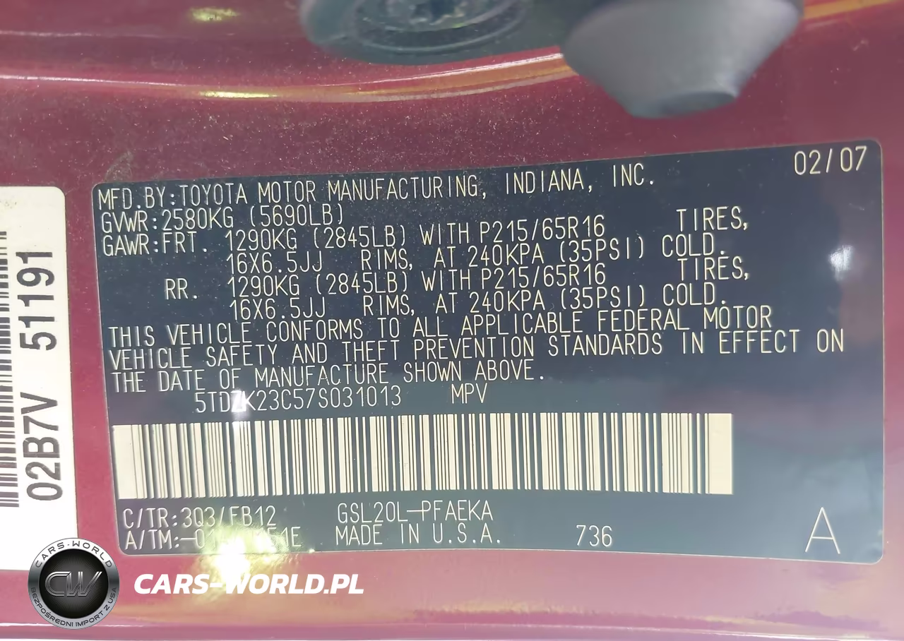 2007 Toyota Sienna Le VIN:5TDZK23C57S031013 - 9