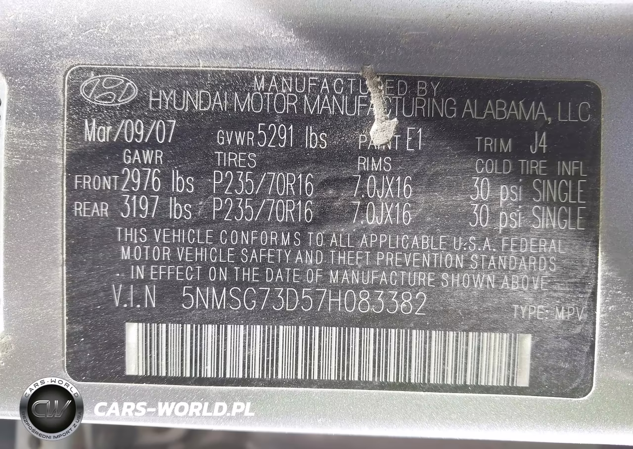 2007 Hyundai Santa Fe Gls VIN:5NMSG73D57H083382 - 9