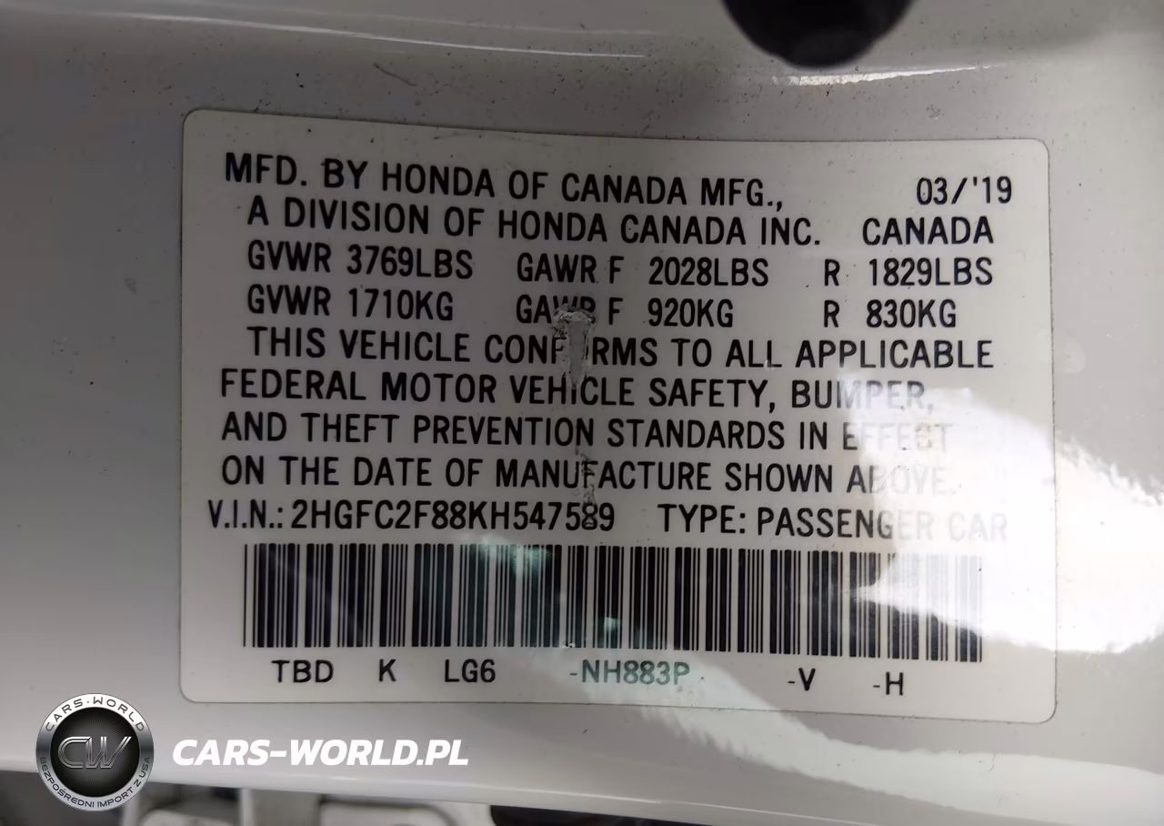 2019 Honda Civic Sport VIN:2HGFC2F88KH547589 - 9