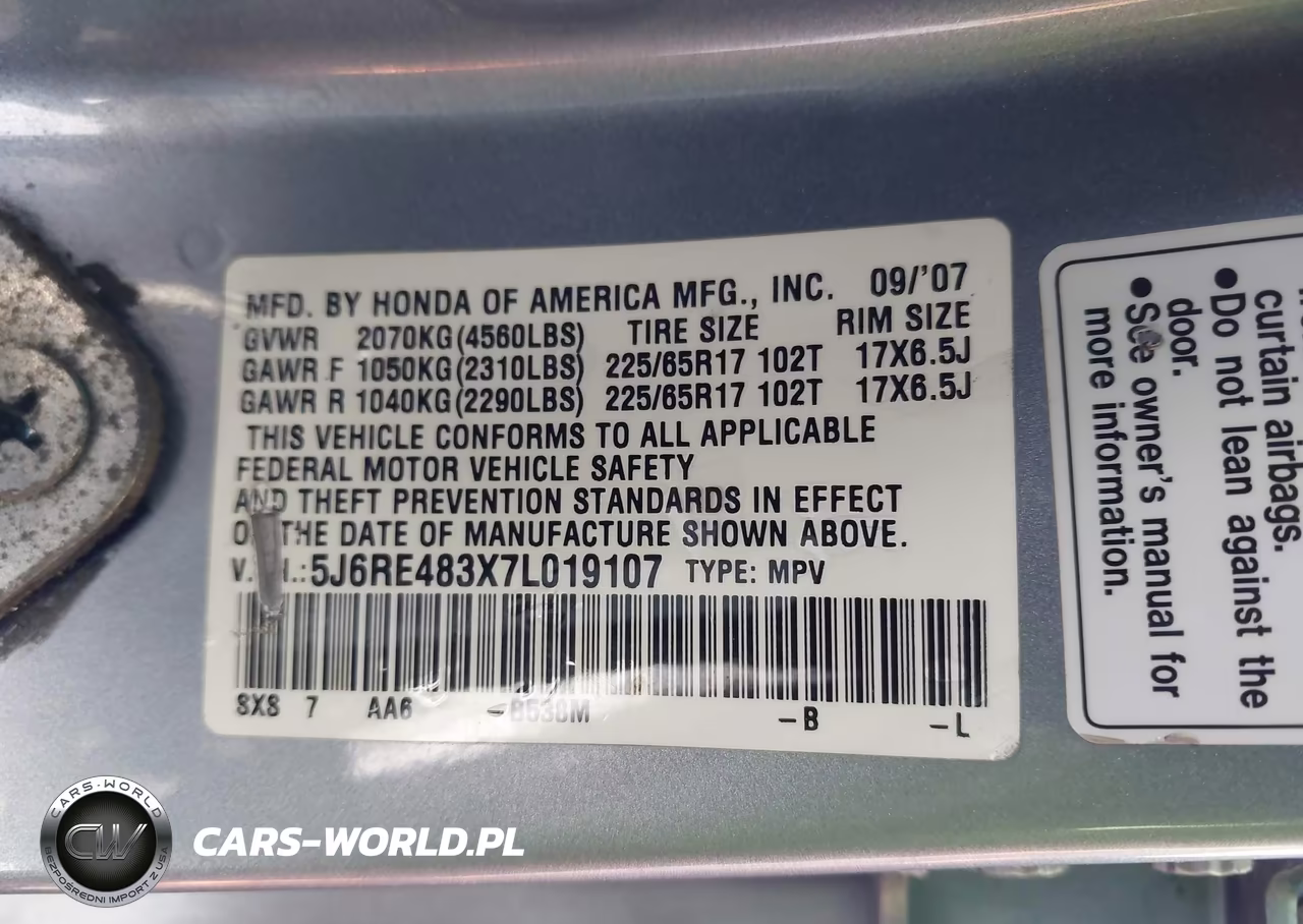 2007 Honda Cr-V Lx VIN:5J6RE483X7L019107 - 9