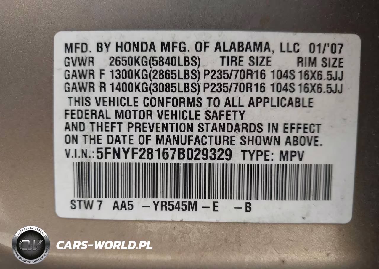 2007 Honda Pilot Lx VIN:5FNYF28167B029329 - 9
