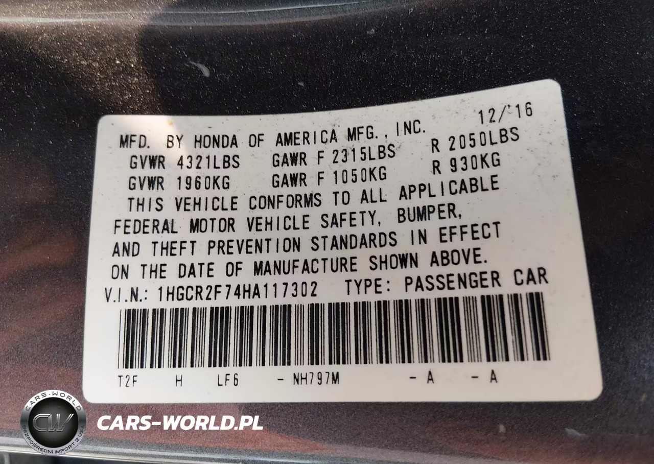 2017 Honda Accord Ex VIN:1HGCR2F74HA117302 - 9