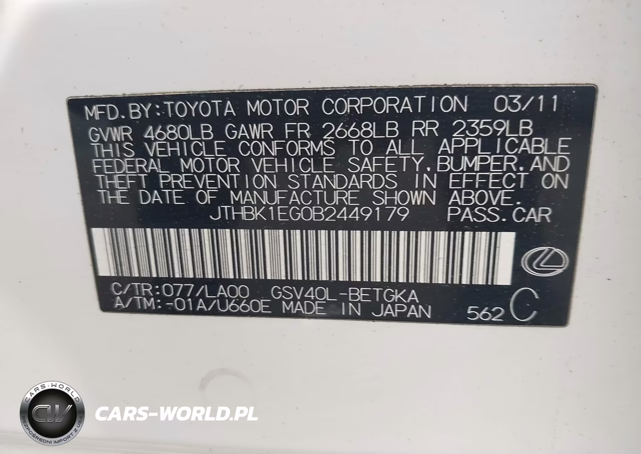 2011 Lexus Es 350 VIN:JTHBK1EG0B2449179 - 9