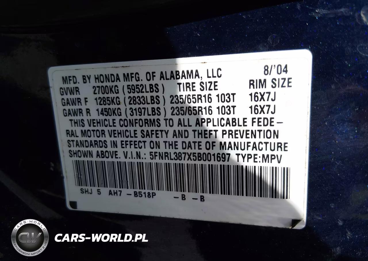 2005 Honda Odyssey Ex-L VIN:5FNRL387X5B001697 - 9