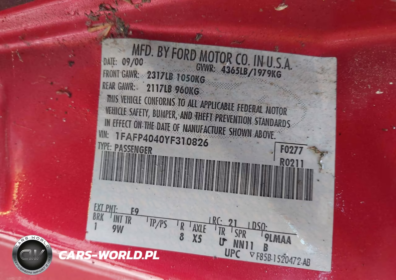 2000 Ford Mustang VIN:1FAFP4040YF310826 - 9