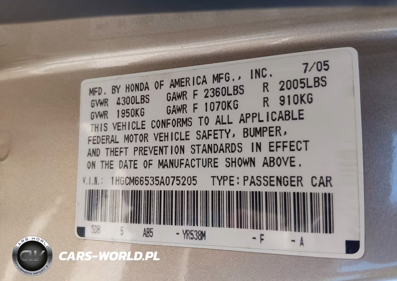 2005 Honda Accord 3.0 Ex VIN:1HGCM66535A075205 - 9