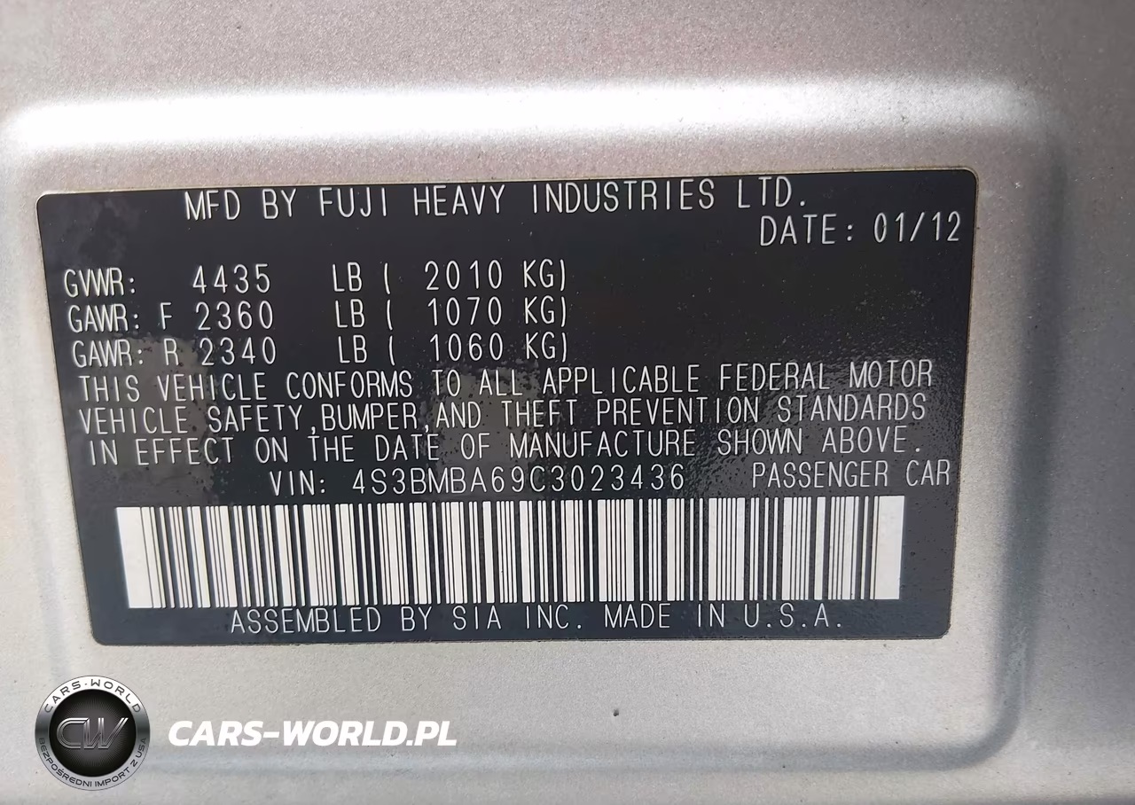 2012 Subaru Legacy 2.5I VIN:4S3BMBA69C3023436 - 9