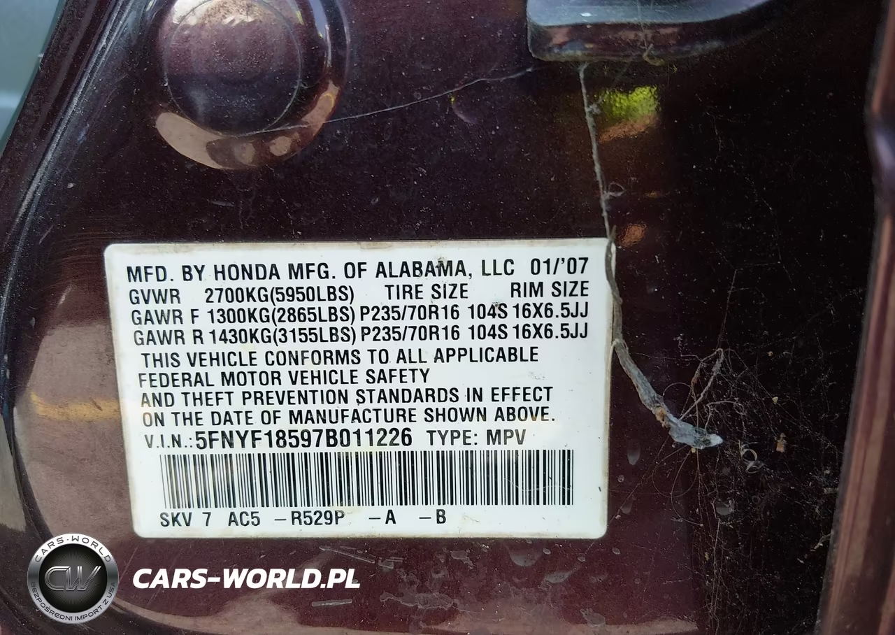 2007 Honda Pilot Ex-L VIN:5FNYF18597B011226 - 9