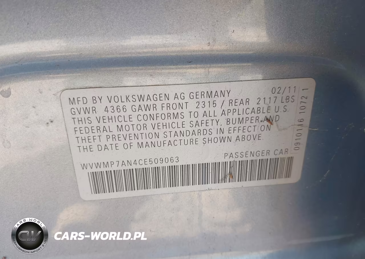 2012 Volkswagen Cc Sport VIN:WVWMP7AN4CE509063 - 9