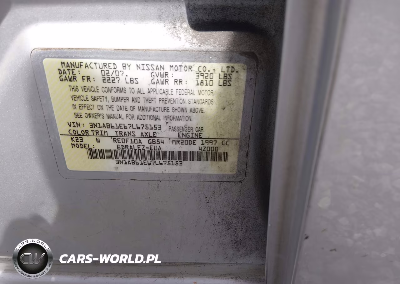 2007 Nissan Sentra 2.0S VIN:3N1AB61E67L675153 - 9