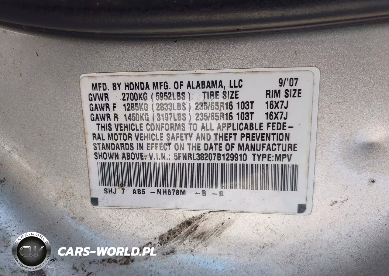 2007 Honda Odyssey Lx VIN:5FNRL38207B129910 - 9