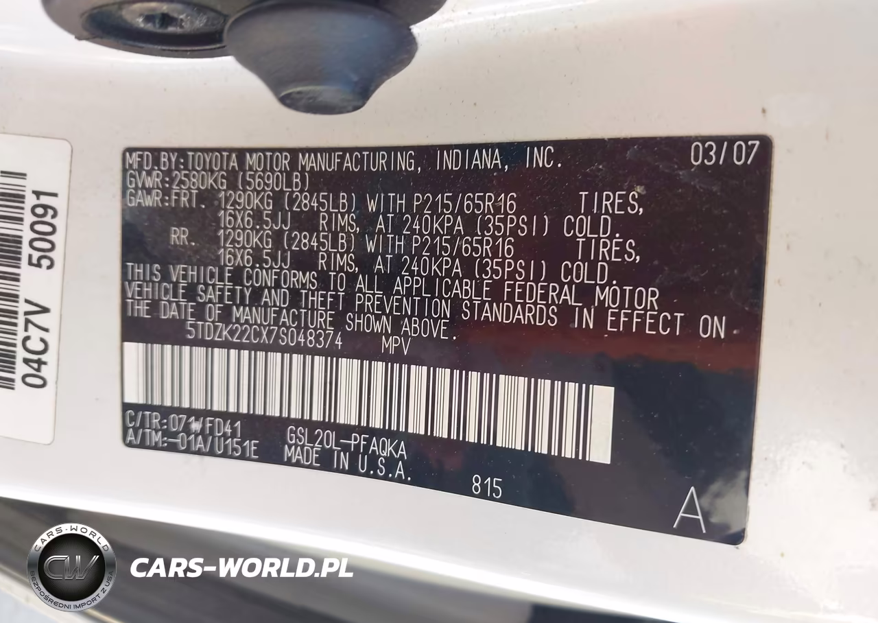 2007 Toyota Sienna Xle VIN:5TDZK22CX7S048374 - 9