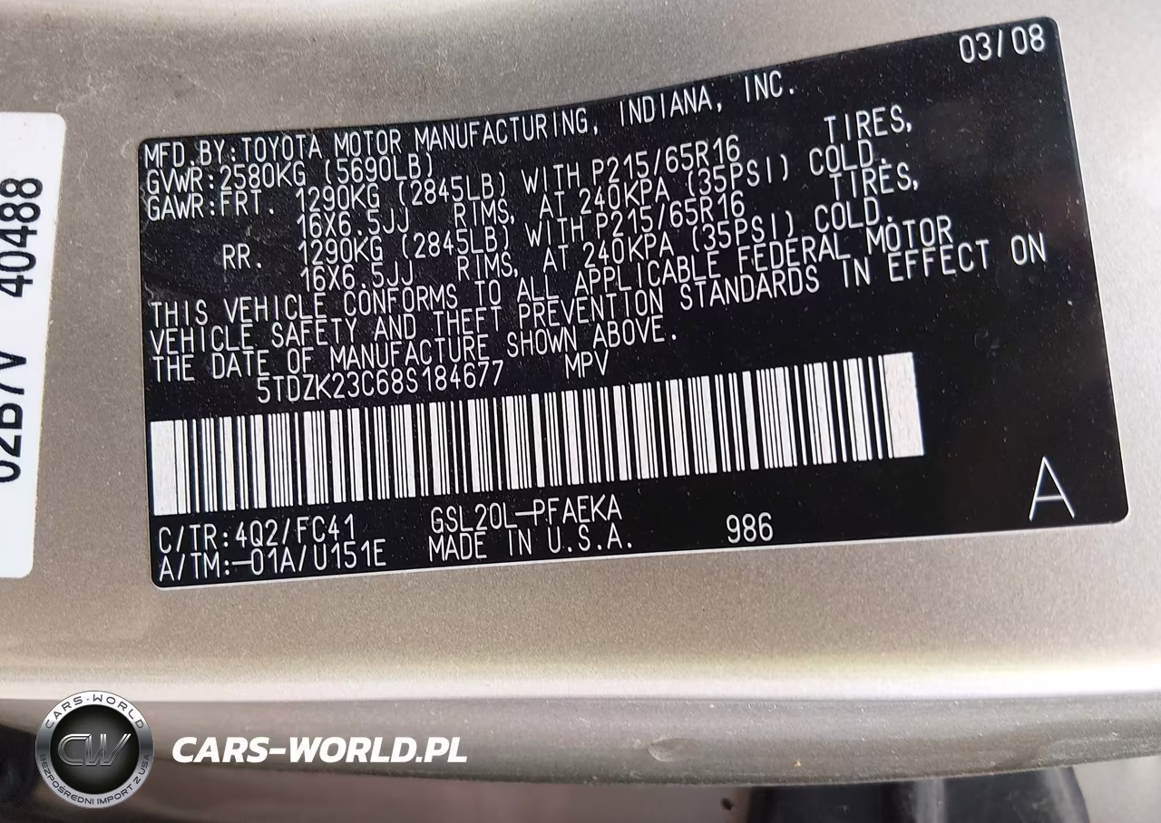 2008 Toyota Sienna Le VIN:5TDZK23C68S184677 - 9