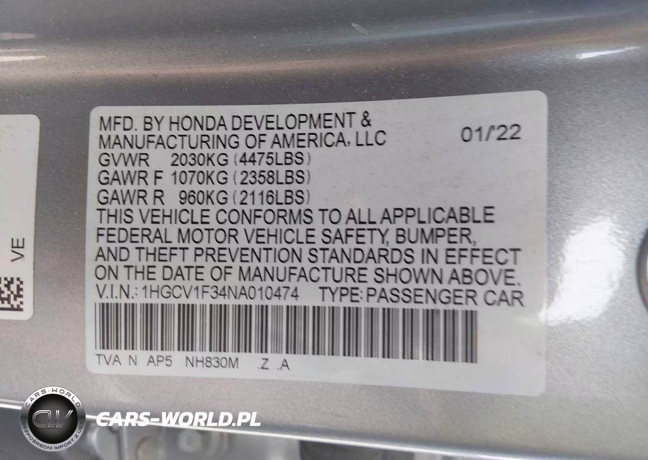 2022 Honda Accord Sport VIN:1HGCV1F34NA010474 - 9