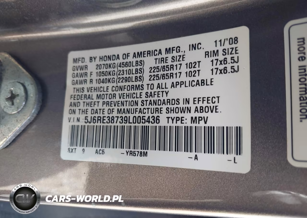 2009 Honda Cr-V Ex-L VIN:5J6RE38739L005436 - 9
