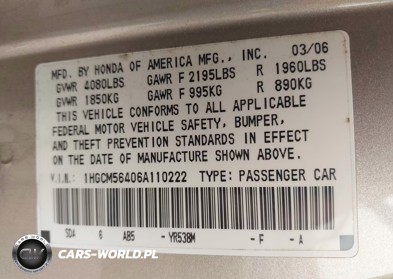 2006 Honda Accord 2.4 Lx VIN:1HGCM56406A110222 - 9